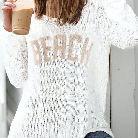 White Casual Women's Loose Letter Print Long Sleeve Knitted Pullover - Picture 3 of 3